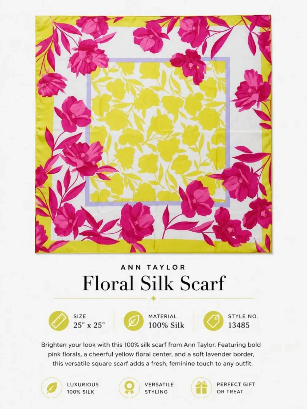 Ann Taylor Marjorie Floral 100% Silk Scarf Pink Yellow Lavender 25x25